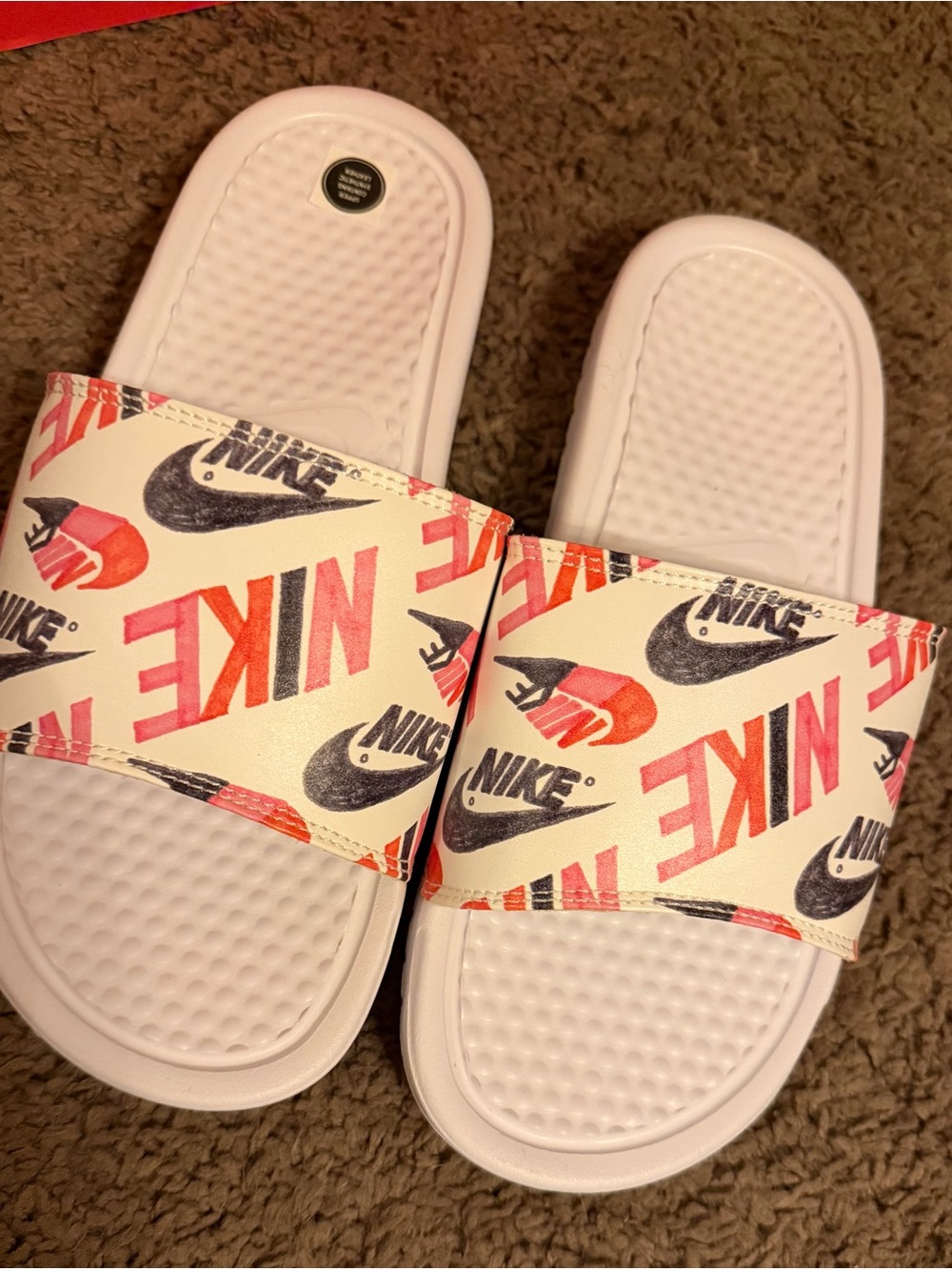 Nike Women White Slides with Pink and Black Logo Print Size 7